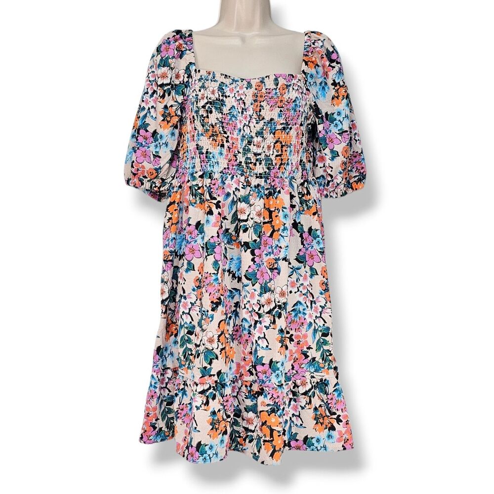 BCBGeneration Floral Babydoll Fairy Smocked Puff Sleeve Mini Dress Sz M Boho